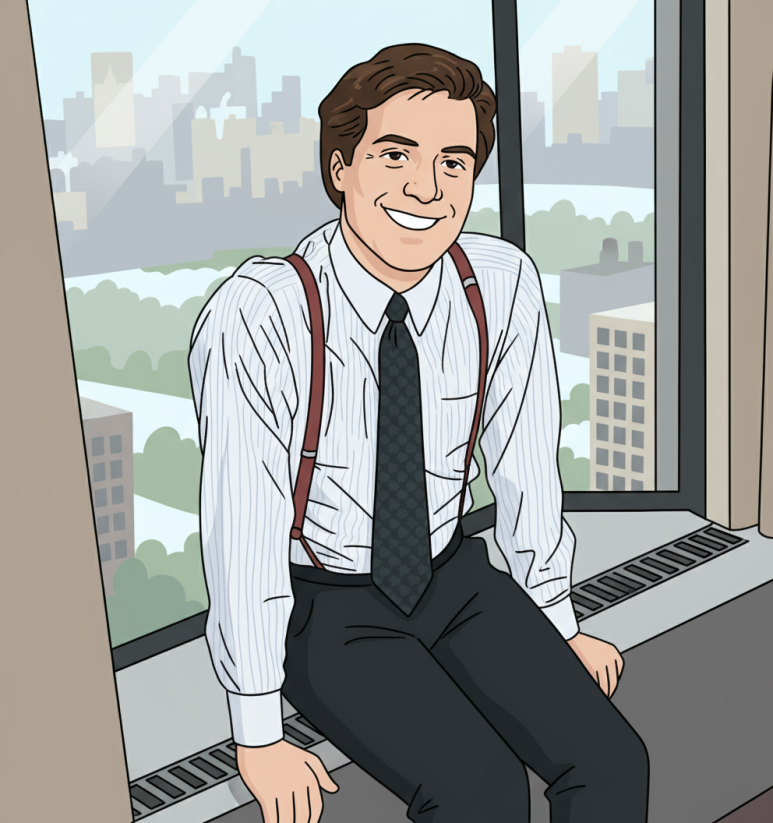 stanley druckenmiller (스탠리 드러켄밀러)가 사무실에서 창가에 앉아있다. 비교적 젋은 시절의 사진을 그림으로 표현했다.