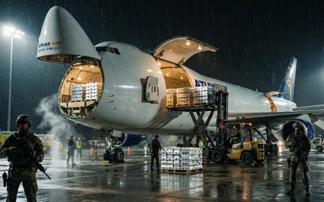 은 부족 사태로 인해 항공으로 급하게 은을 운송하는 이미지