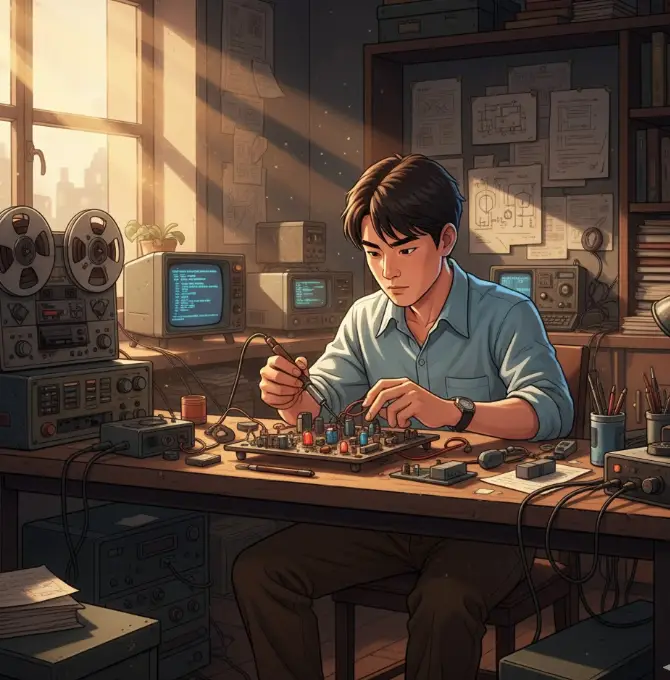 열심히 학업과 연구에 몰두하는 손정의 회장