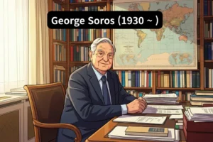 An image of George Soros sitting at his office desk reviewing documents