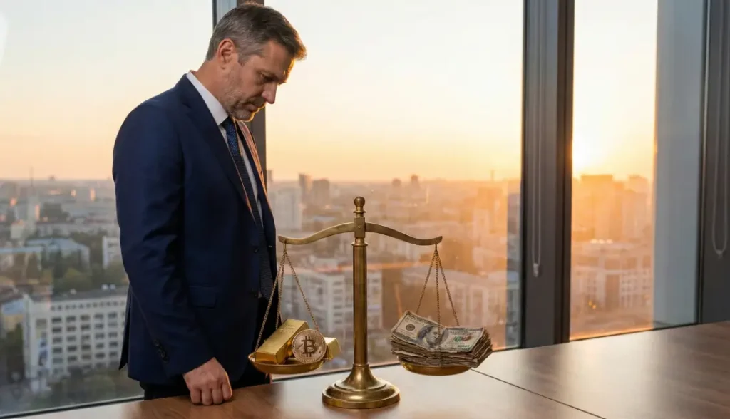 투자자가 자산배분과 관련해서 고민하고 있는 이미지로 금과 비트코인을 저울질하고 있다