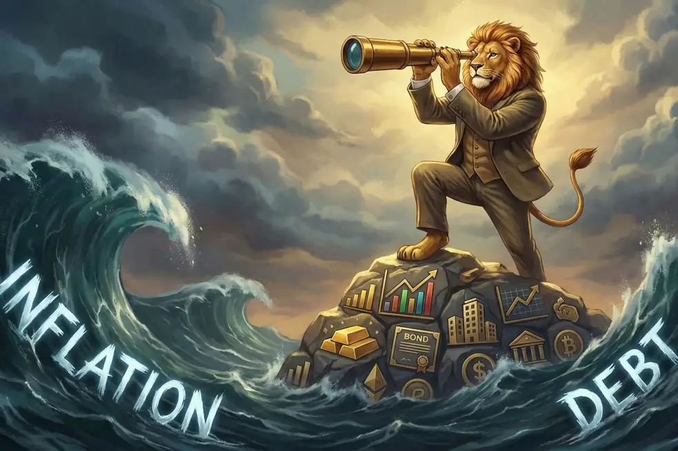 부채위험을 대비한 전략을 의미하는 이미지로 사자가 바다에서 먼 바다를 망원경으로 내다보고 있음