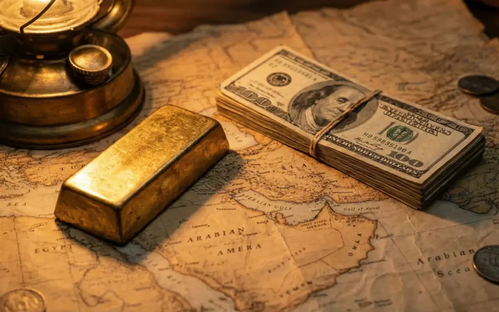 중동 지역이 강조된 세계 지도 위에 놓인 금괴와 미국 달러 지폐 더미를 근접 촬영한 사진으로 지정학적 위기 속 안전 자산 투자를 상징하는 이미지