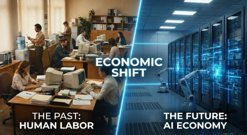 과거에는 경제가 성장하면 고용도 늘어났는데, 이제 AI의 도입으로 인해 고용없는 성장이 나타난다는 이미지