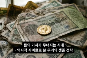 부패한 20세기 지폐 더미 위에 놓인 골동 금화, 화폐 가치 하락을 상징하는 다큐멘터리 스타일의 사진