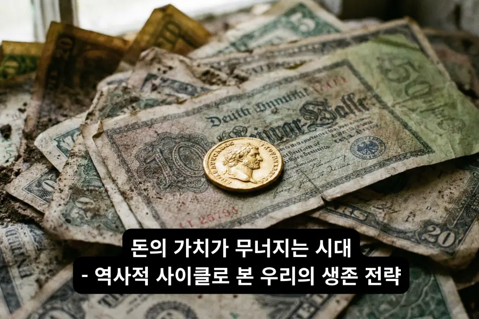 부패한 20세기 지폐 더미 위에 놓인 골동 금화, 화폐 가치 하락을 상징하는 다큐멘터리 스타일의 사진