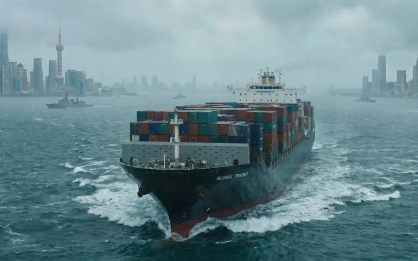 안개 낀 격랑의 국제 해역을 가로지르는 대형 화물선, 멀리 보이는 양쪽 해안 도시 스카이라인 사이를 항해하며 지정학적 긴장을 상징하는 이미지