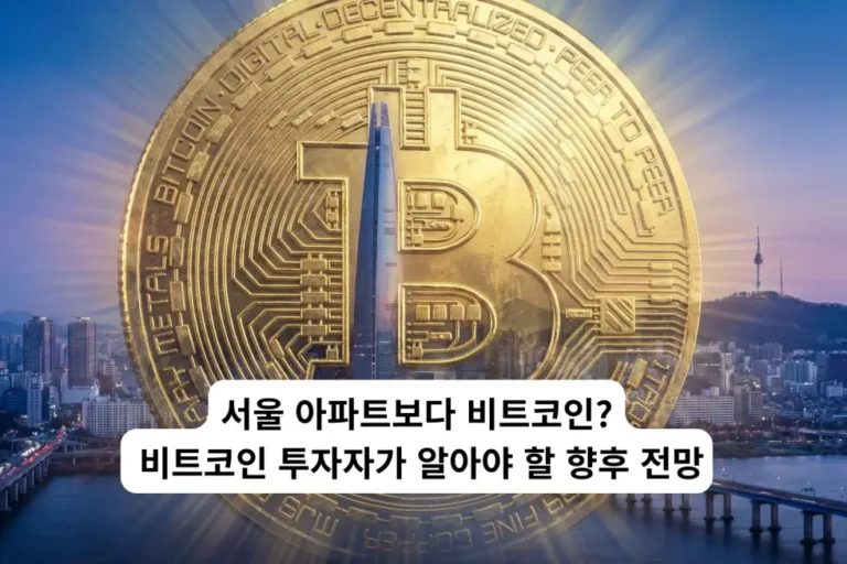 서울 도심 빌딩 숲 위로 비트코인 로고가 은은하게 떠오르는 디지털 아트 이미지