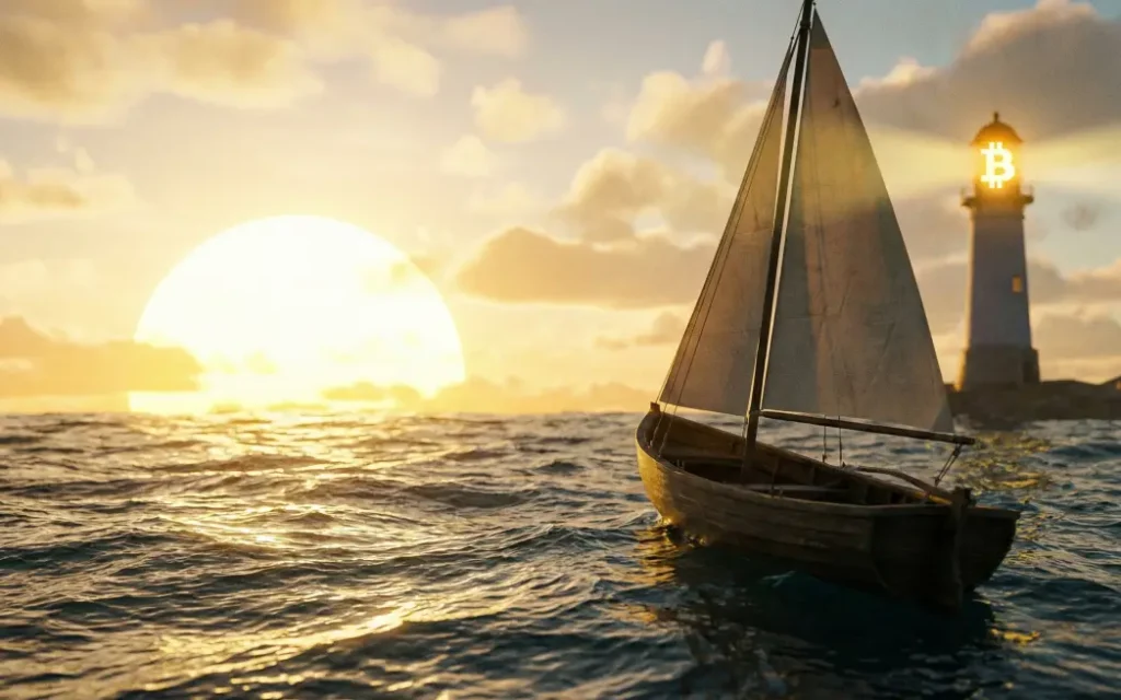 파도가 치는 밤바다를 비추는 비트코인 모양의 등대 불빛과 그곳으로 향하는 배.