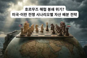 세계지도 위에서 미국과 이란의 국기 체스 말이 대치하고 있는 긴박한 이미지