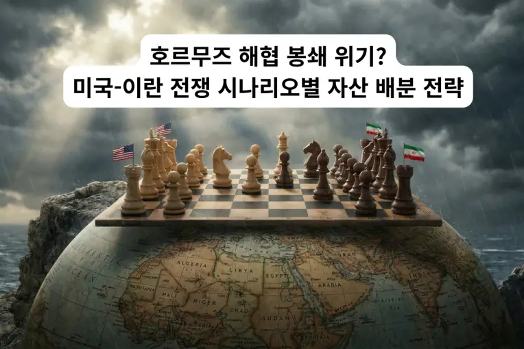 세계지도 위에서 미국과 이란의 국기 체스 말이 대치하고 있는 긴박한 이미지