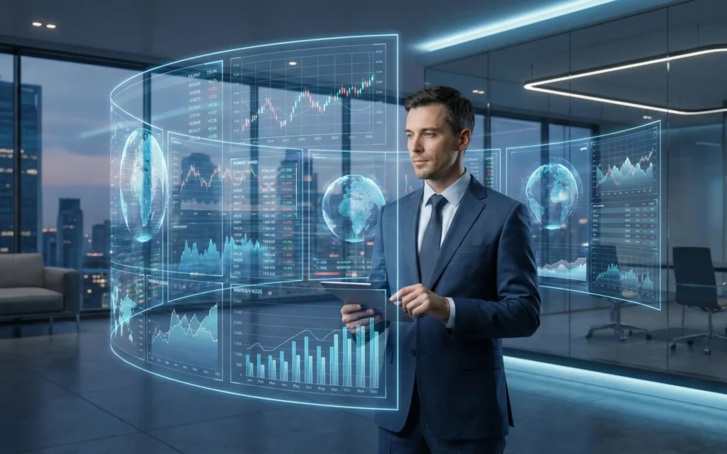 여러 시장 시나리오를 분석하는 투자자의 모습