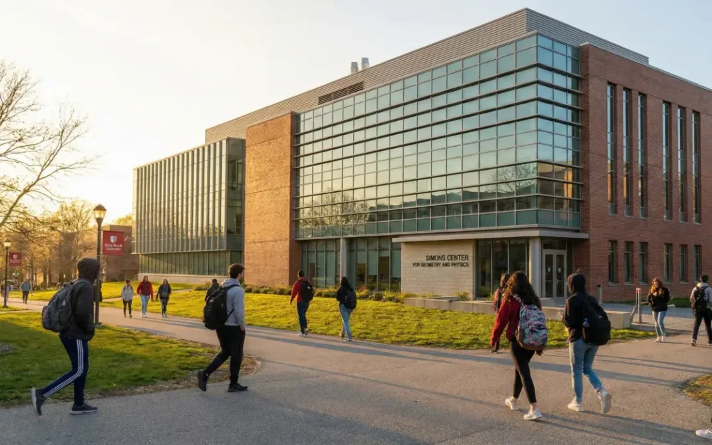 스토니브룩 대학교 캠퍼스의 전경. 백팩을 메고 일상을 즐기는 대학생들이 보도를 따라 자유롭게 걸어가고 있으며, 부드러운 역광과 푸른 잔디밭이 어우러져 평화롭고 생동감 넘치는 캠퍼스의 찰나를 보여준다