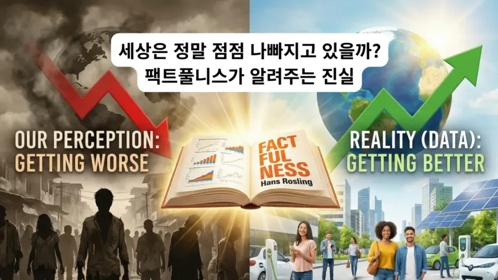 화면이 왼쪽과 오른쪽으로 나뉜 개념적 일러스트레이션. 왼쪽은 어둡고 구름 낀 배경에 붉은색 하락 화살표와 낡은 지구본, 빈곤에 처한 사람들이 묘사되어 있으며 '우리의 인식: 나빠지고 있다'라는 문구가 적혀 있습니다. 오른쪽은 밝고 화창한 배경에 초록색 상승 화살표와 현대적인 인프라, 건강한 사람들이 묘사되어 있으며 '실제 데이터: 좋아지고 있다'라는 문구가 적혀 있습니다. 화면 중앙에는 이 두 세계를 연결하며 빛나는 한스 로슬링의 저서 '팩트풀니스' 책이 펼쳐져 있습니다.