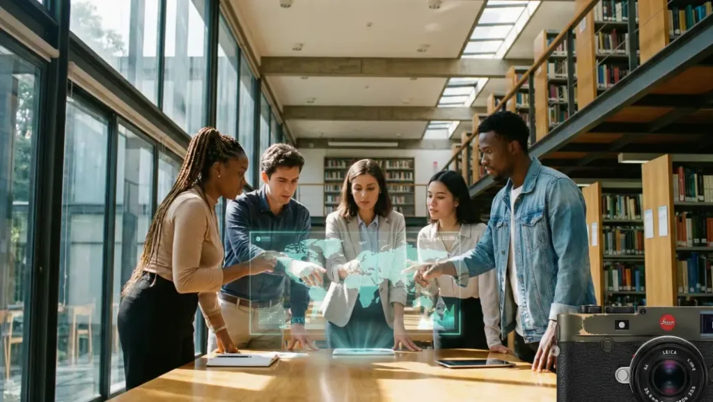 현대적인 고층 도서관에서 다양한 인종의 젊은 남녀 전문가 5명이 테이블 위에 떠 있는 발광하는 민트색 3D 세계 지도 데이터 시각화 결과물을 흥미롭게 관찰하고 있다. 한 남성과 여성이 손가락으로 지도의 특정 지점을 가리키며 협력하고 있으며, 배경에는 커다란 통유리창과 책이 가득한 서가가 보인다. 35mm 렌즈 특유의 사실적이고 영화 같은 자연광이 인물들의 집중하는 표정을 선명하게 비추는 하이테크적인 분위기의 사진.