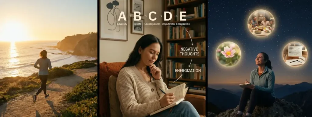 회복탄력성을 키우는 3단계 액션 플랜: 운동, 성찰, 그리고 감사를 표현하는 이미지