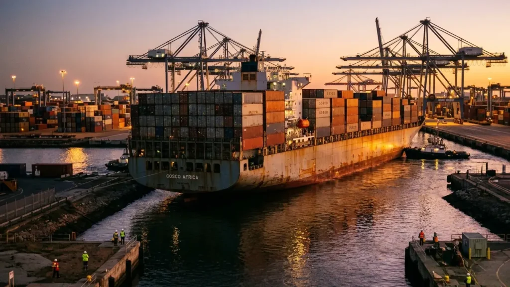 A hyper-realistic documentary photograph of a colossal container ship, named "COSCO AFRICA," jammed across a narrow canal within a busy shipping port at dusk. The warm orange light of the setting sun reflects off the metal containers, rusty hull, and water. Gantry cranes and other industrial infrastructure silhouette against the twilight sky. Workers in reflective gear observe the situation from the bank.